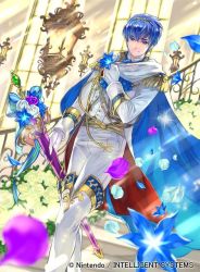 Rule 34 | 1boy, blue eyes, blue hair, fire emblem, fire emblem: mystery of the emblem, fire emblem cipher, flower, formal, full body, gloves, groom, looking at viewer, male focus, marth (fire emblem), nintendo, official art, short hair, smile, solo, suit, suzuki rika, tiara, tuxedo, white gloves, white suit