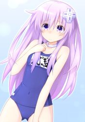 Rule 34 | 10s, 1girl, blue one-piece swimsuit, blush, d-pad, doria (p f dolia), hair ornament, highres, long hair, name tag, nepgear, neptune (series), old school swimsuit, one-piece swimsuit, purple eyes, purple hair, school swimsuit, solo, swimsuit