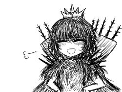 Rule 34 | 1girl, :d, puff of air, ^ ^, black souls, black souls ii, blush, cape, closed eyes, crown, facing viewer, greyscale, hand on own hip, hands on own hips, lorina (black souls), lorina liddell, medium hair, monochrome, official art, open mouth, simple background, sketch, smile, solo, sushi yuusha toro, upper body, white background