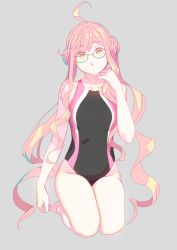 Rule 34 | 1girl, ahoge, barefoot, black one-piece swimsuit, competition swimsuit, double bun, glasses, green-framed eyewear, grey background, highres, kantai collection, looking at viewer, makigumo (kancolle), one-piece swimsuit, pink hair, seiza, semi-rimless eyewear, simple background, sitting, solo, swimsuit, twintails, under-rim eyewear, yellow eyes, yuuji (and)