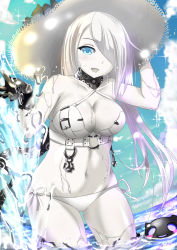 Rule 34 | 10s, 1girl, :d, abyssal ship, anchor, bad id, bad pixiv id, bare shoulders, bikini, black gloves, blue eyes, blush, blush stickers, breasts, cleavage, cloud, collarbone, colored skin, day, dress, dripping, flower, gloves, groin, hair over one eye, hand on headwear, hat, hat flower, highres, kantai collection, kuroame (kurinohana), large breasts, long hair, looking at viewer, navel, open mouth, seaport summer princess, side-tie bikini bottom, sky, smile, solo, sparkle, sun hat, swimsuit, wading, water, wet, white bikini, white hair, white hat, white skin