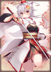 Rule 34 | 1girl, absurdres, animal ear fluff, animal ears, bare shoulders, breasts, cleavage, cleavage cutout, clothing cutout, geta, hat, highres, holding, holding sword, holding weapon, inubashiri momiji, japanese clothes, katana, kimono, long sleeves, looking at viewer, medium breasts, messiah &amp; crea, nail polish, open mouth, ponytail, red eyes, red nails, sheath, socks, solo, sword, tabi, tail, tokin hat, touhou, upper body, weapon, white hair, white kimono, white socks, wolf ears, wolf girl, wolf tail