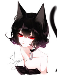 Rule 34 | 1girl, :p, absurdres, animal ears, artist name, bare shoulders, black choker, black dress, black hair, cat ears, cat tail, choker, collarbone, crescent, crescent choker, cropped torso, dress, eyelashes, flat chest, hair between eyes, highres, looking at viewer, original, red eyes, sheya, short hair, signature, simple background, smile, solo, strapless, strapless dress, tail, tongue, tongue out, upper body, white background