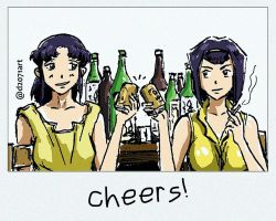 Rule 34 | 2girls, alcohol, bare arms, bare shoulders, beer, beer can, bottle, breasts, can, cigarette, cowboy bebop, crossover, d2071, drink can, facing viewer, faye valentine, katsuragi misato, medium breasts, multiple girls, neon genesis evangelion, purple hair, sake bottle, shirt, short hair, sleeveless, sleeveless shirt, tagme, trait connection, upper body