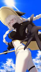 Rule 34 | 1girl, absurdres, aesc (9th anniversary) (fate), aesc (fate), ahoge, ass, black coat, black gloves, black hat, blonde hair, blue eyes, blue sky, blush, braid, breasts, coat, crop top, fate/grand order, fate (series), glasses, gloves, hat, highleg, highleg panties, highres, holding, holding staff, long hair, looking at viewer, open mouth, panties, panty peek, reaching, reaching towards viewer, red-framed eyewear, short shorts, shorts, sidelocks, sky, smile, solo, staff, sun, thigh strap, toumokorosi 01, twin braids, underwear, witch hat