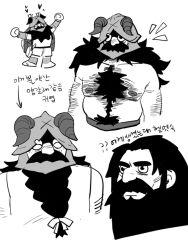 Rule 34 | 1boy, ^ ^, arms up, bags under eyes, bara, beard, belly, cheekbones, closed eyes, collage, cropped torso, deformed, dungeon meshi, dwarf, facial hair, fake horns, fat, fat man, full beard, greyscale, hairy, helmet, horned helmet, horns, korean text, large pectorals, long beard, looking ahead, loving aura, male focus, mature male, midoo (scarecrow-forest), monochrome, mustache, navel, navel hair, nipples, notice lines, pectorals, senshi (dungeon meshi), stomach, surprised, thick arm hair, thick beard, thick chest hair, thick eyebrows, thick mustache, topless male, translation request, unkempt, very hairy, very long beard, wide hips