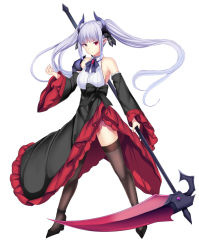 Rule 34 | 1girl, armor, black thighhighs, breasts, daiaru, detached sleeves, dress, full body, glowing, grey hair, heterochromia, holding, holding scythe, holding weapon, horns, legs apart, long hair, looking at viewer, medium breasts, original, pointy ears, scythe, shoulder armor, solo, thighhighs, twintails, weapon, white background