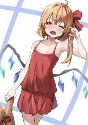 Rule 34 | 1girl, absurdres, ahoge, backlighting, bare arms, blonde hair, bow, cowboy shot, flandre scarlet, flat chest, hair bow, half-closed eye, highres, holding, long hair, looking at viewer, one eye closed, ramiki, red bow, red eyes, red shirt, red shorts, shirt, short shorts, shorts, side ponytail, sleepy, sleeveless, sleeveless shirt, solo, standing, stuffed animal, stuffed toy, teddy bear, touhou, wings