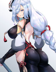 Rule 34 | 1girl, absurdres, ass, bare shoulders, bodysuit, braid, breasts, calamity queller (genshin impact), from behind, genshin impact, green eyes, hair ornament, hair over one eye, highres, hip vent, jrpulse, large breasts, long hair, looking at viewer, low-braided long hair, low-tied long hair, shenhe (genshin impact), shiny clothes, shiny skin, sideboob, skin tight, smile, solo, very long hair, weapon