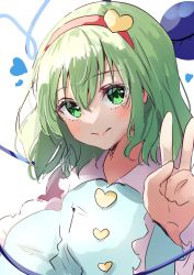 Rule 34 | 1girl, :&gt;, blush, cosplay, green eyes, green hair, hair between eyes, hairband, heart, highres, komeiji koishi, komeiji satori, komeiji satori (cosplay), long sleeves, looking at viewer, one-hour drawing challenge, shironeko yuuki, shirt, short hair, simple background, solo, third eye, touhou, upper body, v, white background