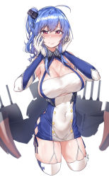 Rule 34 | 1girl, ahoge, aningay, azur lane, bare shoulders, blue hair, blush, breasts, cleavage, covered erect nipples, covered navel, garter straps, highres, large breasts, long hair, looking at viewer, red eyes, side ponytail, sideboob, smile, solo, st. louis (azur lane), standing, thighhighs, thighs
