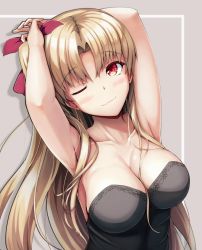 Rule 34 | 1girl, adjusting hair, armpits, bad id, bad pixiv id, blonde hair, blush, bow, breasts, cleavage, closed mouth, collarbone, ereshkigal (fate), fate/grand order, fate (series), gradient eyes, hair between breasts, hair bow, highres, kanogi, large breasts, long hair, looking away, multicolored eyes, one eye closed, orange eyes, parted bangs, red bow, red eyes, simple background, sleeveless, strapless, tohsaka rin
