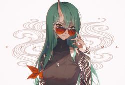 Rule 34 | 1girl, adjusting eyewear, adjusting glasses, arknights, arm ribbon, aviator sunglasses, black nails, black shirt, breasts, brown eyes, character name, collarbone, commentary, green hair, grey background, hair between eyes, hand up, highres, horns, hoshiguma (arknights), hoshiguma (ronin huntress) (arknights), jewelry, long hair, long sleeves, looking at viewer, looking over eyewear, looking over glasses, magatama, magatama necklace, medium breasts, nail polish, necklace, official alternate costume, orange ribbon, osage (8545675), red-tinted eyewear, red-tinted glasses, ribbon, shirt, smile, solo, sunglasses, symbol-only commentary, tinted eyewear, upper body