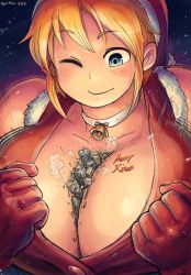 Rule 34 | 1girl, 2016, artist request, bell, neck bell, between breasts, blonde hair, blue eyes, blush, breasts, choker, christmas, city, collar, commentary request, crushing, dated, destruction, english text, giant, giantess, gloves, hat, highres, huge breasts, merry christmas, motion lines, one eye closed, original, santa costume, santa hat, short hair, solo