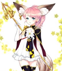 Rule 34 | 10s, 1girl, animal ear fluff, animal ears, blade &amp; soul, blue eyes, brown hair, cape, dog ears, dog eras, dress, earrings, elbow gloves, flower, gloves, jewelry, long hair, lyn (blade &amp; soul), ponytail, rom (rg3837), solo, staff, tail, thighhighs, weapon