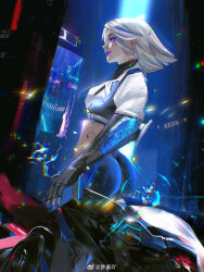 Rule 34 | 1girl, blue eyes, blue eyeshadow, blue nails, breasts, bullet hole, chinese commentary, chromatic aberration, city, cropped jacket, eyeshadow, fingerless gloves, floating hair, from side, gloves, grey gloves, hela (high energy heroes), high energy heroes, highres, jacket, makeup, medium breasts, medium hair, meng qin a, midriff, motor vehicle, motorcycle, navel, smile, solo, white jacket