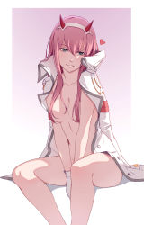 Rule 34 | 10s, 1girl, aqua eyes, between legs, breasts, cheshirrr, coat, collarbone, darling in the franxx, gloves, hair over breasts, hairband, hand between legs, highres, horns, long hair, naked coat, pink hair, sitting, smile, solo, white gloves, white hairband, zero two (darling in the franxx)