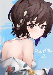 Rule 34 | 1girl, ao oni (onioni-aoi), arknights, bare shoulders, blue background, braid, brown eyes, brown hair, character name, highres, off shoulder, official alternate costume, roberta (arknights), roberta (summer flowers) (arknights), short hair, solo, upper body