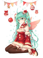 Rule 34 | 1girl, ahoge, bad id, bad pixiv id, christmas, christmas ornaments, collar, detached sleeves, diten, garter straps, green eyes, green hair, hatsune miku, long hair, matching hair/eyes, sitting, solo, thighhighs, twintails, very long hair, vocaloid, wings