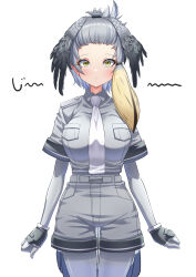 Rule 34 | 1girl, absurdres, alternate hairstyle, arms at sides, belt, bird tail, bird wings, black gloves, black hair, blonde hair, bodystocking, breast pocket, breasts, clenched hands, closed mouth, collared shirt, fingerless gloves, forehead, gloves, grey hair, grey shirt, grey shorts, head wings, highres, kazusa (k4zus4), kemono friends, large breasts, layered sleeves, long hair, long sleeves, looking at viewer, multicolored hair, necktie, pocket, shirt, shirt tucked in, shoebill (kemono friends), short over long sleeves, short sleeves, shorts, side ponytail, simple background, solo, staring, tail, taut clothes, taut shirt, thigh gap, variant set, white necktie, wing collar, wings, yellow eyes