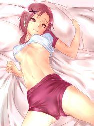 Rule 34 | 10s, 1girl, arm up, bad id, bad pixiv id, bed sheet, blush, breasts, buruma, cameltoe, clothes lift, dodai shouji, from above, grin, gym uniform, hair ornament, hairclip, head tilt, highres, hino akane (smile precure!), indoors, looking at viewer, lying, midriff, navel, no bra, on back, parted lips, pillow, pillow grab, ponytail, precure, red eyes, red hair, scrunchie, sheet grab, shirt, shirt lift, short hair, shorts, smile, smile precure!, solo, spread legs, t-shirt, underboob