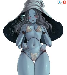 Rule 34 | 1girl, absurdres, artist name, bikini, blue skin, blush, breasts, colored skin, doll joints, elden ring, extra arms, green eyes, grey hair, hat, highres, joints, long hair, looking at viewer, medium breasts, navel, nyiccco, one eye closed, patreon logo, ranni the witch, simple background, solo, swimsuit, thigh gap, white background, white bikini, white hat, witch, witch hat