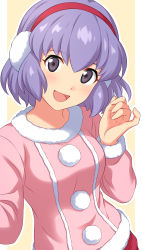 Rule 34 | 1girl, :d, absurdres, blush, cowboy shot, danball senki, earmuffs, fingernails, grey eyes, hand up, head tilt, highres, kawamura ami, long sleeves, looking at viewer, medium hair, open mouth, outline, pillarboxed, pink sweater, pinky out, pom pom (clothes), purple hair, sekina, smile, solo, sweater, white outline, yellow background