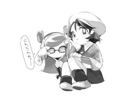 Rule 34 | 2girls, adeleine, adjusting eyewear, beret, bespectacled, buttons, closed mouth, collared shirt, commentary request, disembodied limb, full body, glasses, greyscale, hair ornament, half-closed eyes, hand on eyewear, hand on own cheek, hand on own face, hat, high collar, highres, holding, holding sketchbook, kananishi, kirby (series), leg warmers, long hair, long skirt, long sleeves, looking at viewer, miniskirt, monochrome, multiple girls, nintendo, no mouth, rayman limbs, shirt, shoes, short hair, simple background, sitting, sketchbook, skirt, smile, solid eyes, speech bubble, susie (kirby), translation request, very long hair, white background, wrist cuffs