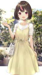 Rule 34 | 1girl, bag, bob cut, brown hair, collarbone, commentary, dress, highres, holding, holding bag, isegawa yasutaka, looking at viewer, multicolored hair, open mouth, original, pink hair, red eyes, short hair, short sleeves, smile, solo, streaked hair, symbol-only commentary, yellow dress