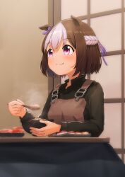 Rule 34 | 1girl, animal ears, black sweater, blue ribbon, bow, bowl, braid, brown hair, brown overalls, commentary request, crown braid, ear bow, eating, food, highres, horse ears, horse girl, horse tail, kotatsu, overalls, ponpochi, purple eyes, ribbon, short hair, sidelocks, smile, solo, special week (umamusume), sushi, sweater, table, tail, umamusume, white hair