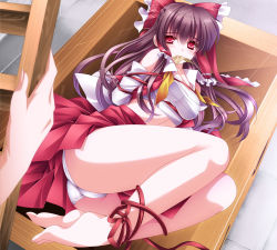 Rule 34 | 1girl, arms behind back, bare legs, bare shoulders, barefoot, bdsm, bondage, bound, bow, box, detached sleeves, donation box, feet, female focus, gagged, hair bow, hakurei reimu, highres, in box, in container, leg ribbon, legs, long hair, lying, monety, mouth hold, ofuda, on side, open clothes, panties, red eyes, ribbon, sarashi, solo, touhou, underwear, white panties