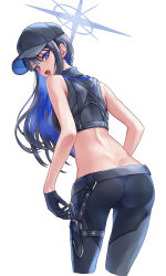 Rule 34 | 1girl, absurdres, ass, bare arms, bare shoulders, baseball cap, belt, black belt, black gloves, black hair, black hat, black pants, black shirt, blue archive, blue hair, breasts, colored inner hair, commentary request, crop top, cropped legs, from behind, gloves, hat, highres, leggings, looking at viewer, medium breasts, midriff, multicolored hair, noomaru (nomorepeople), open mouth, pants, saori (blue archive), shirt, simple background, sleeveless, sleeveless shirt, solo, standing, white background
