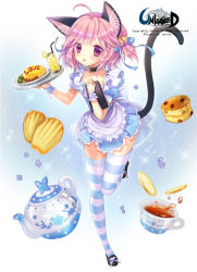 Rule 34 | 1girl, ahoge, animal ears, bell, blush, cat ears, cat tail, choker, copyright name, cup, dress, fang, food, fruit, full body, hair ribbon, jingle bell, lemon, lemon slice, mary janes, omelet, omurice, pastry, pink eyes, pink hair, ratise, ribbon, shoes, short hair, socks, solo, standing, standing on one leg, striped clothes, striped socks, striped thighhighs, tail, teacup, teapot, thighhighs, tray, two side up, unleashed, waitress, wrist cuffs, zettai ryouiki