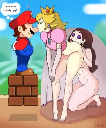 Rule 34 | 1boy, 2girls, artist name, ass, b-intend, bisexual female, blonde hair, brown hair, closed eyes, covering own mouth, crown, cunnilingus, donkey kong (1981 game), donkey kong (series), dress, earrings, feet, height difference, highres, jewelry, long hair, mario, mario (series), multiple girls, netorare, nintendo, no panties, oral, pauline (mario), princess peach, sidelocks, stealth cunnilingus, stealth sex, super mario bros. 1, sweat, thick lips, thighs, toes, under skirt, yuri