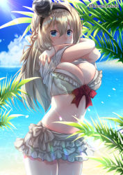 Rule 34 | 1girl, alternate costume, baretto (firearms 1), beach, bikini, blonde hair, blue eyes, blue sky, blush, braid, breasts, cloud, crown, day, flower, french braid, frilled bikini, frills, hair between eyes, highres, kantai collection, large breasts, long hair, looking at viewer, mini crown, navel, ocean, open mouth, palm leaf, red flower, red ribbon, red rose, ribbon, rose, sky, solo, sunlight, swimsuit, warspite (kancolle)