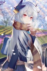 Rule 34 | 1girl, blue jacket, blue skirt, blush, breasts, contemporary, dmith, fate/grand order, fate (series), hair ornament, horns, jacket, kiyohime (fate), kiyohime (third ascension) (fate), large breasts, long hair, long sleeves, looking at viewer, looking back, multiple horns, petals, red eyes, scarf, school uniform, silver hair, skirt, smile, solo, tree