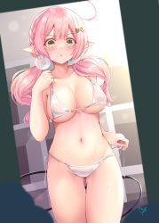 Rule 34 | 1girl, ahoge, bikini, blunt bangs, blush, braid, breasts, cleavage, collarbone, cowboy shot, elf, gluteal fold, green eyes, hair ornament, highres, long hair, looking at viewer, medium breasts, narushima kanna, navel, original, parted lips, pink hair, pointy ears, signature, solo, standing, swimsuit, thighs, twintails, underboob, v-shaped eyebrows, white bikini