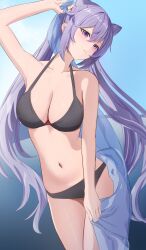 Rule 34 | 1girl, absurdres, arm up, bikini, black bikini, blue background, blue sarong, blush, breasts, cleavage, commentary request, genshin impact, gradient background, hair between eyes, highres, keqing (genshin impact), long hair, medium breasts, navel, parted lips, pharmarr, purple eyes, purple hair, sarong, see-through sarong, sidelocks, simple background, solo, standing, swimsuit, twintails, very long hair