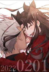 Rule 34 | 1boy, 1girl, 2022, ^ ^, archer (fate), back, black bow, blush, bow, brown hair, carrying, carrying person, close-up, closed eyes, commentary request, dated, fate/stay night, fate (series), floating hair, grey hair, hair bow, highres, jacket, long hair, long sleeves, looking at another, open mouth, ran (ran 0605), red jacket, smile, spiked hair, tohsaka rin, two side up, upper body, white background
