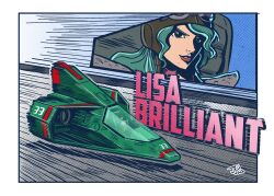 Rule 34 | 1girl, action, aircraft, artist name, border, brown headwear, character name, close-up, f-zero, f-zero falcon densetsu, flying car, goggles, goggles on headwear, green hair, helmet, highres, hover vehicle, jrcomicart, lips, lisa brilliant, mole, mole under mouth, nintendo, panzer emerald, parted lips, race vehicle, science fiction, solo, speed lines, teeth, upper teeth only, vehicle focus, white border