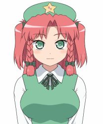 Rule 34 | 1girl, alternate hairstyle, animated, animated gif, blue eyes, blush, bouncing breasts, braid, breasts, emofuri, hat, hong meiling, large breasts, md5 mismatch, red hair, shirosato, smile, solo, touhou, twin braids, twintails, two side up, ugoira, white background