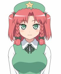 1girl alternate_hairstyle animated animated_gif blue_eyes blush bouncing_breasts braid breasts emofuri female_focus hat hong_meiling large_breasts md5_mismatch red_hair shirosato smile solo touhou twin_braids twintails two_side_up ugoira white_background