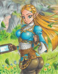 Rule 34 | 1girl, 2019, absurdres, artist name, ass, belt bag, black pants, blonde hair, blue shirt, braid, breasts, cowboy shot, falling leaves, field, fingerless gloves, flower, forehead, gloves, grass, green eyes, highres, holding, leaf, looking at viewer, medium breasts, nintendo, outdoors, pants, parted bangs, pointy ears, princess, princess zelda, ravernclouk design, sheikah, sheikah slate, shirt, solo, the legend of zelda, the legend of zelda: breath of the wild, tight clothes, tight pants, traditional media