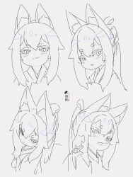 Rule 34 | 1girl, animal ear fluff, animal ears, between fingers, commentary request, folded ponytail, fox ears, greyscale, hair between eyes, hand up, highres, holding, japanese clothes, kimono, kuro kosyou, long hair, long sleeves, looking at viewer, monochrome, multiple views, original, shikigami, short eyebrows, sidelocks, sketch, thick eyebrows, wide sleeves
