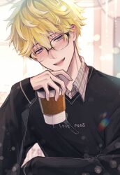 Rule 34 | 1boy, absurdres, artist name, bespectacled, black-framed eyewear, black sweater, blonde hair, blurry, blurry background, blush, bokeh, brown shirt, clothes writing, coffee cup, collared shirt, commentary, cup, depth of field, disposable cup, drink, glasses, hair between eyes, hand up, head tilt, highres, holding, holding cup, indoors, lens flare, long sleeves, looking at viewer, male focus, mole, mole on neck, nijisanji, nijisanji en, open mouth, plaid, plaid shirt, purple eyes, round teeth, semi-rimless eyewear, shirt, short hair, signature, sleeves past wrists, smile, solo, sonny brisko, sweater, szainx, teeth, tongue, upper body, virtual youtuber, wing collar
