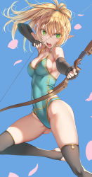 Rule 34 | 1girl, absurdres, arm up, bare shoulders, black gloves, black thighhighs, blonde hair, blue background, blue leotard, bow (weapon), breasts, cleavage, collarbone, commentary request, covered navel, elbow gloves, elf, female focus, fingerless gloves, gloves, gluteal fold, green eyes, highres, holding, holding bow (weapon), holding weapon, leg up, leotard, long hair, looking at viewer, medium breasts, nigmatullin, no shoes, open mouth, original, petals, pointy ears, ponytail, simple background, skindentation, solo, stirrup legwear, thighhighs, toeless legwear, v-shaped eyebrows, weapon