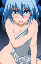 Rule 34 | 1girl, angry, bad id, bad pixiv id, bed sheet, blue eyes, blue hair, blush, body blush, bow, breasts, cirno, covering privates, covering breasts, covering crotch, gradient background, hair bow, hayashi custom, matching hair/eyes, naked sheet, nude, nude cover, open mouth, sheet grab, solo, touhou