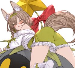 Rule 34 | 1girl, animal, animal ear fluff, arknights, ass, beanstalk (arknights), beanstalk (gift uncompleted) (arknights), blush, braid, brown eyes, brown hair, crab, dress, from behind, green dress, hair ribbon, highres, hyena ears, hyena girl, hyena tail, kochiya (gothope), long hair, looking at viewer, looking back, metal crab (arknights), open mouth, oversized animal, ribbon, simple background, socks, solo, star (symbol), sweater, white background, white socks, white sweater