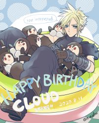 Rule 34 | 1boy, armor, blonde hair, blue eyes, boots, brown hair, character name, closed mouth, cloud strife, dated, doll, hugging doll, earrings, english text, final fantasy, final fantasy vii, final fantasy vii remake, gloves, happy birthday, jewelry, long hair, looking at viewer, nidou (rechlo), hugging object, red eyes, shoulder armor, sitting, sleeveless, sleeveless turtleneck, solo, speech bubble, spiked hair, sweater, text focus, tifa lockhart, turtleneck, turtleneck sweater