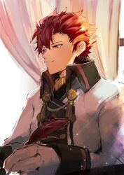 Rule 34 | 1boy, alternate costume, aristocratic clothes, diamant (fire emblem), feathers, fire emblem, fire emblem engage, highres, holding, holding quill, kanikun03, male focus, nintendo, quill, red eyes, red feathers, red hair, solo